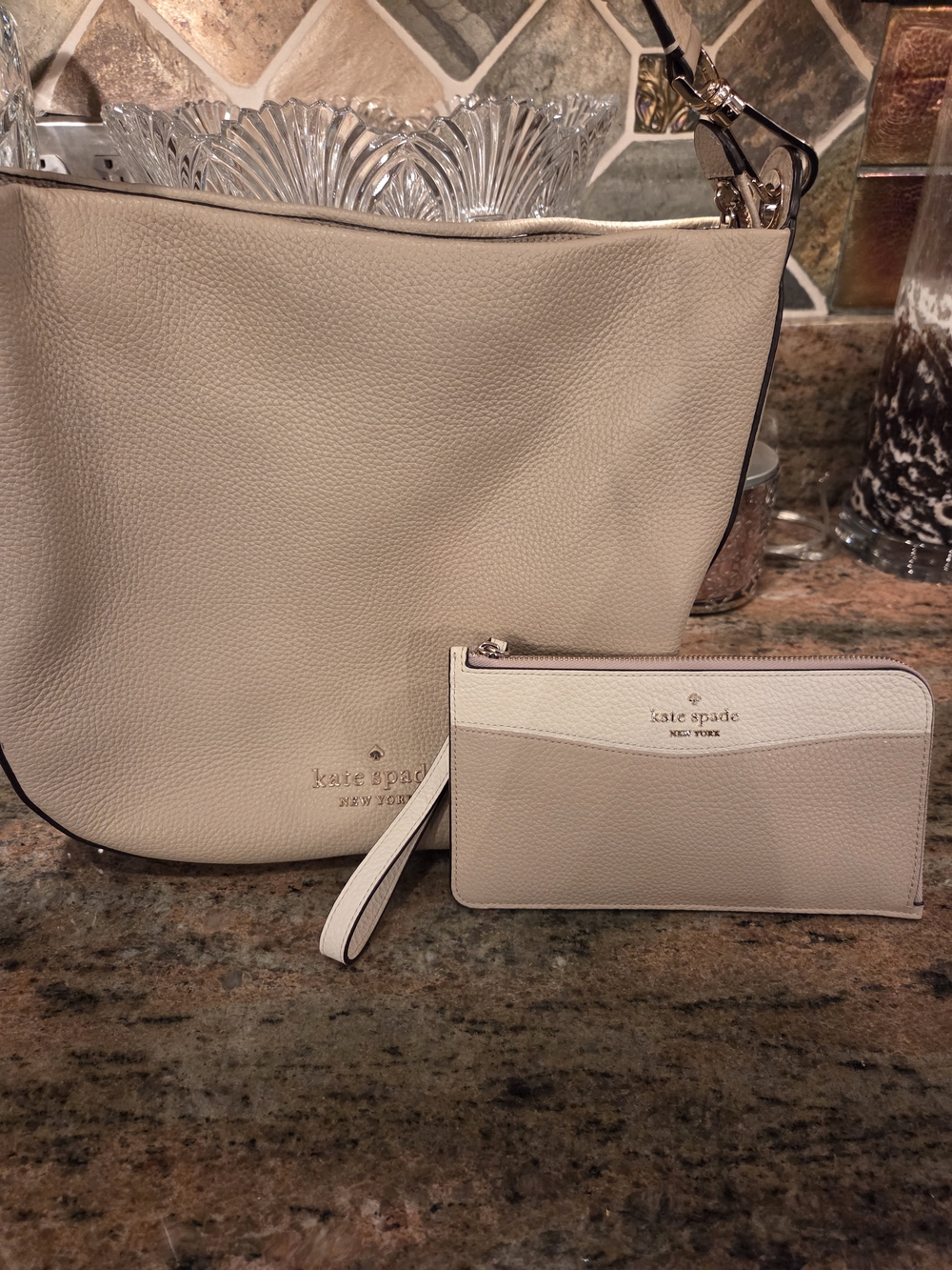 kate spade Pebbled Leather Bag and Wristlet Set in Light Beige